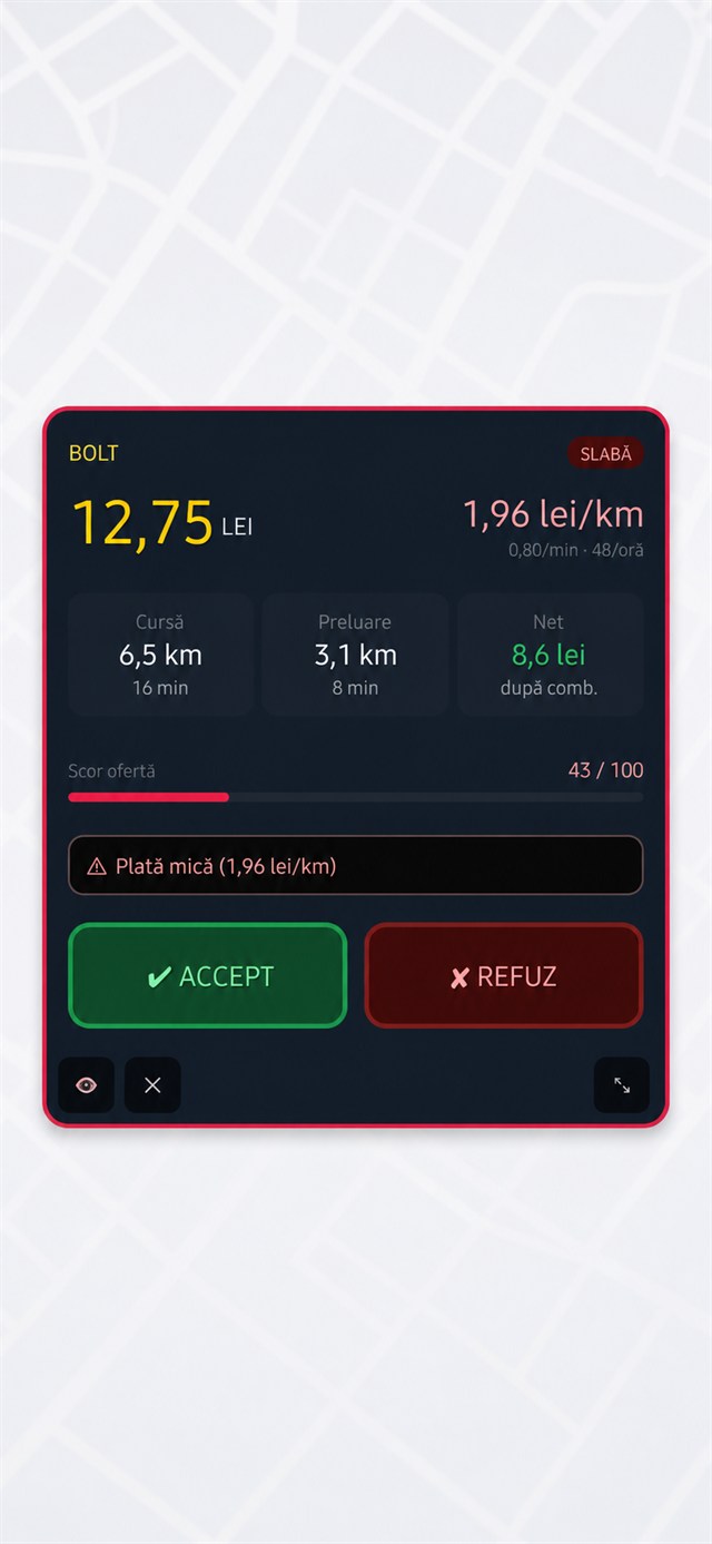 Interfață Bolt fără date private, cu overlay-ul RideShare Helper